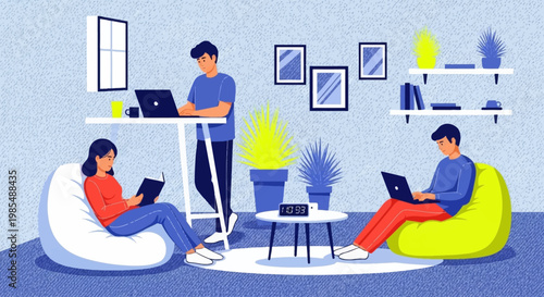 People working and studying in a modern coworking space.