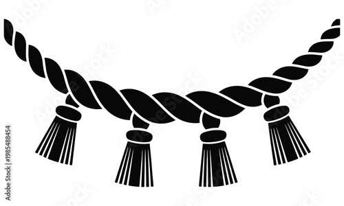 Traditional shimenawa sacred straw rope with hanging paper tassels isolated on white background as a religious shinto cultural design element
