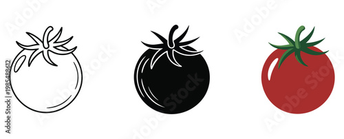 Three tomatoes in different styles isolated on transparent background, collection of vegetable icons showing ripe tomatoes