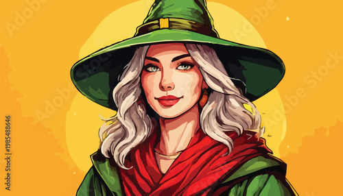 Enchanting Witch Portrait with Green Hat and Red Scarf.