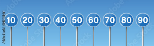Vector 3d Blue Traffic Signs with Speed Numbers from 10 to 90. Circular Road Sign Set for Driving, Traffic Control, Transportation, Road Safety, Advisory Speed Concepts