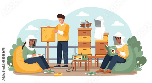 Beekeepers in protective suits tending to hives.