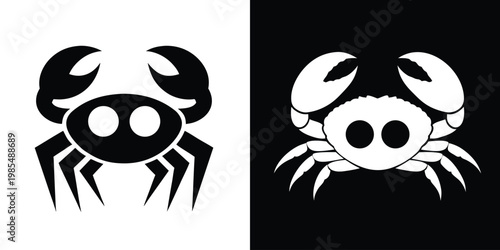 Two contrasting silhouettes of crabs, one in black on white and the other in white on black.