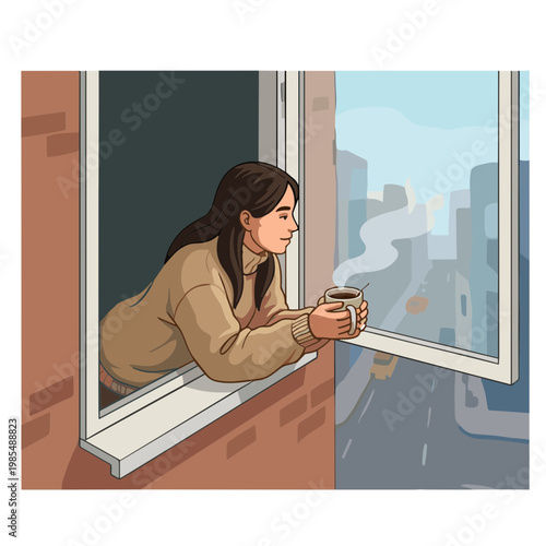 Woman looks out the window with a cup of coffee in her hands on a city street.