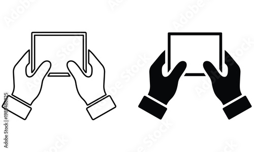 Two hand icons holding a blank rectangular frame or tablet device in outline and solid black styles for presentation and mockups