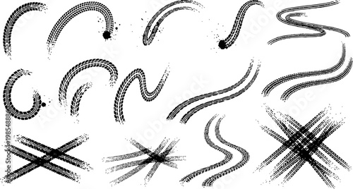 Tire tread marks after skidding, launch, drift, powerslide in motorsport, rally, off-road, motocross. Wheel texture with splash effect. Vector, transparent background EPS version.