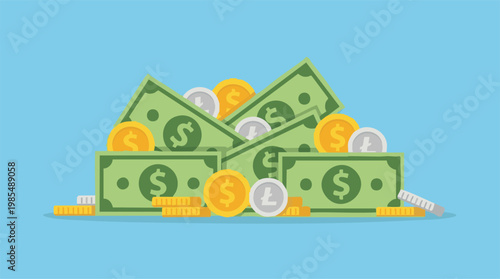 Pile of dollar bills, gold dollar coins, and silver Litecoin coins