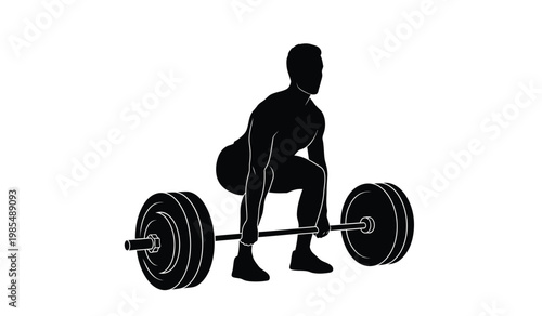 A stark black silhouette depicts a weightlifter mid lift bending at the waist with a barbell showcasing athletic form silhouette high quality professional detailed