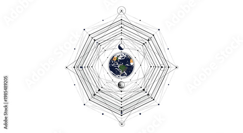Detailed sacred geometry design features a globe of planet Earth surrounded by complex celestial and geometric lines in a symmetric mandala.