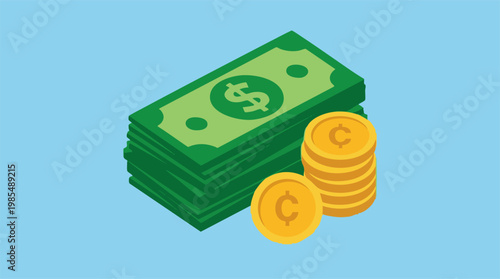 Financial concept with green money banknotes and golden cent coins