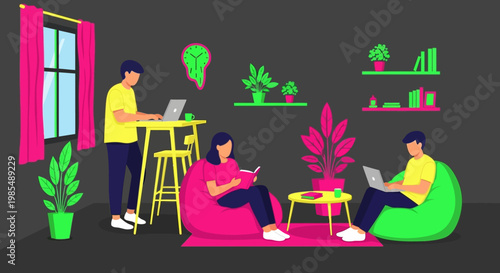 People working and relaxing in a modern co-working space.