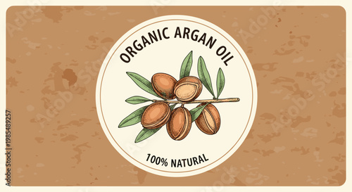 Organic argan oil product label design features a hand-drawn branch with argan nuts and green leaves on a textured vintage paper background.
