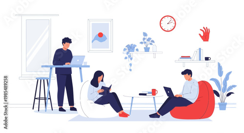 Diverse group of people working and relaxing in a modern coworking space.