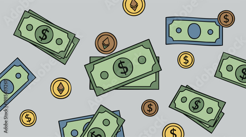 Scattered dollar bills, coins, and cryptocurrency symbols on gray background