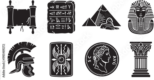 Ancient icons, black vector symbols, historical emblems, Greece Rome Egypt