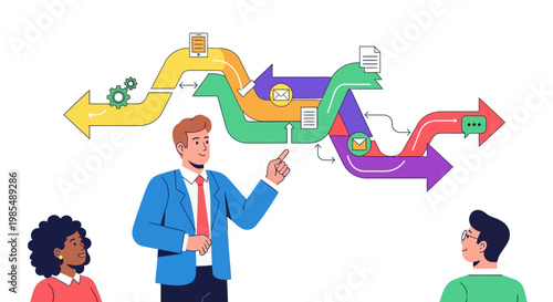 Business man explaining complex workflow diagram to diverse team.