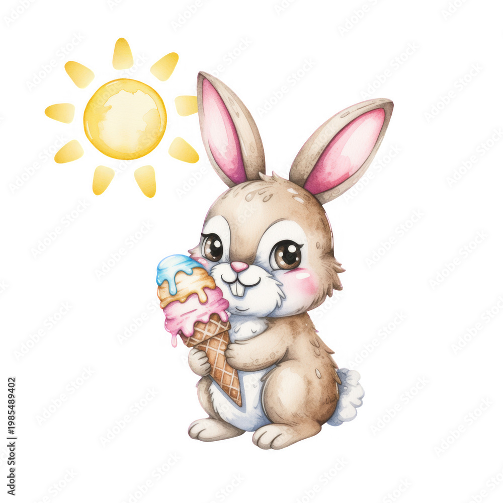Fototapeta premium Cute bunny enjoying ice cream under the warm sun in a cheerful summer scene