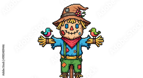 Cute Cartoon Scarecrow with Birds on Arms.