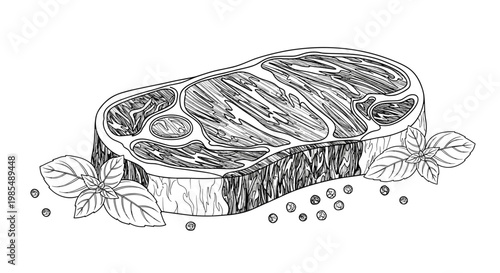 Hand-drawn sketch of a raw beef steak is presented with fresh basil leaves and black peppercorns in a detailed black and white illustration.