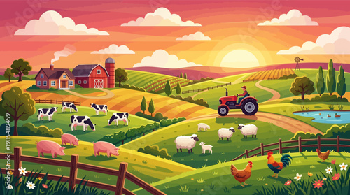 Tractor on a green farm field.