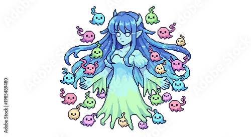 Enchanting Blue Haired Spirit Surrounded by Cute Ghosts.