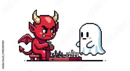 Cute Devil and Ghost Playing Chess Game Together.