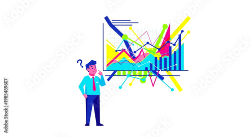 Confused businessman looking at complex financial graph.