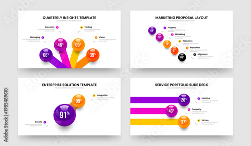Clean Strategy 4 5 2 3 Option Graph Slideshow Design Collection. Colorful Visualization Four Five Two Three Element Infographic Frame Layout Vector Illustration Set.