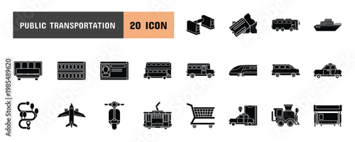 20 Public Transportation Glyph Icon Illustration Set