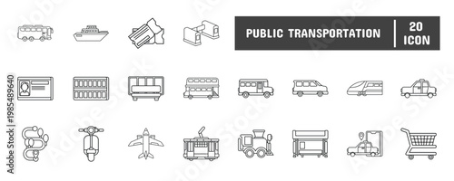 20 Public Transportation Line Icon Illustration Set