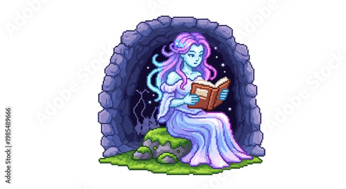 Enchanting ethereal woman reading ancient book in mystical cave.
