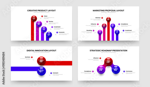 Marketing Performance Four Five Two Three Element Graph Presentation Template Vector Illustration Collection. Visual Showcase 4 5 2 3 Step Infographic Frame Design Set.