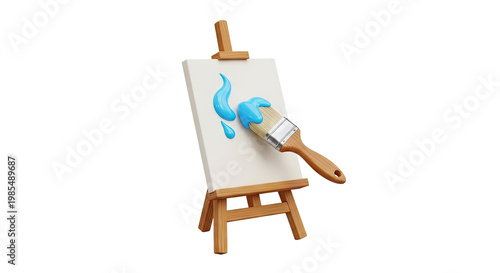 Paintbrush applying blue paint to canvas on an easel