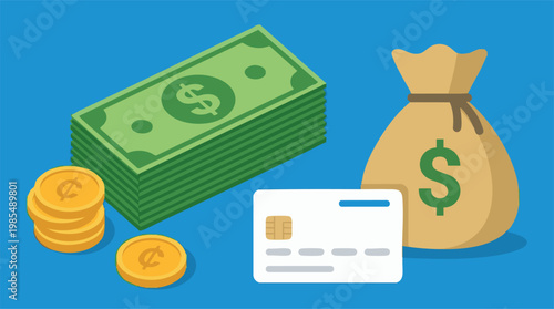 Financial assets illustration with cash, coins, credit card, and money bag