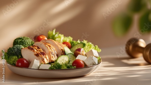 A nutritious salad bowl featuring grilled chicken, vegetables, and feta, with a dumbbell in background.