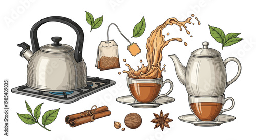 Collection of tea-related elements includes a metallic kettle, teapot, tea splashing in a cup, tea bags, and aromatic spices on a white background.