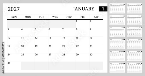 Calendar for January 2027 with monthly planner and days of the week  office desk calendar with grid layout and dates