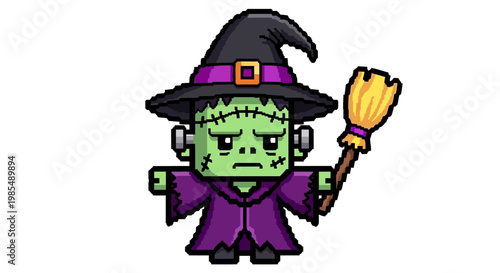 Cute Frankenstein Monster Character Holding Broomstick.