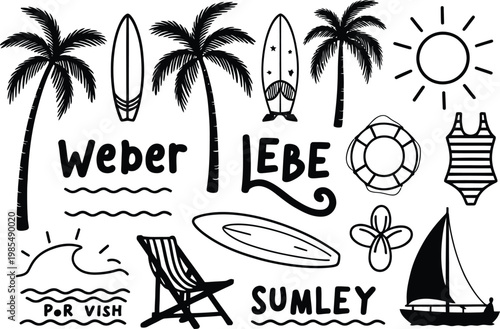 Black and white illustration of various beach and summer related objects including palm trees surfboards sun sailboat lifebuoy flower beach chair isolated on transparent background
