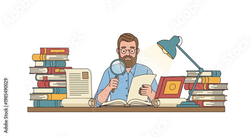 Man studying with magnifying glass.