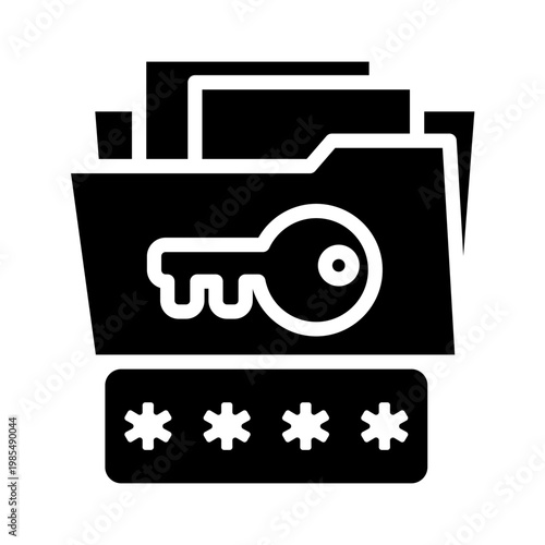 A black and white icon depicting a folder with a key and asterisks