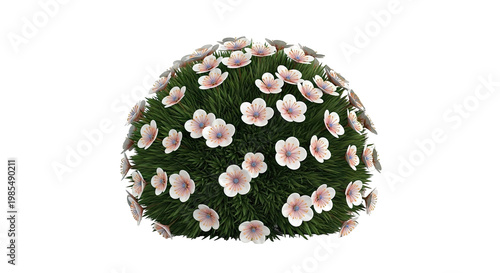 Round Green Bush with White and Pink Flowers