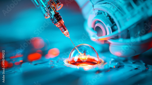 A syringe injecting liquid into a petri dish in a laboratory setting with blue lighting
