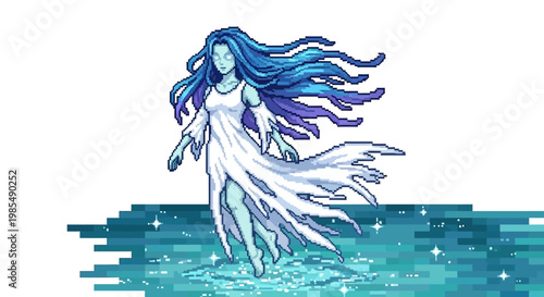 Ethereal Blue Haired Woman in Flowing White Dress.