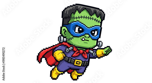 Cute Frankenstein Superhero Flying with Red Cape.