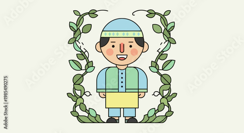 Cartoon Muslim Boy in Traditional Attire.
