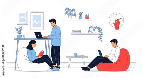 Diverse people working and studying in a modern co-working space.