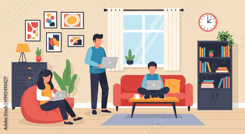 Family members using laptops and tablets at home.