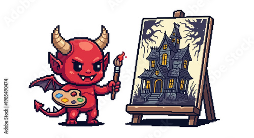 Cute little devil painting a haunted house on canvas.