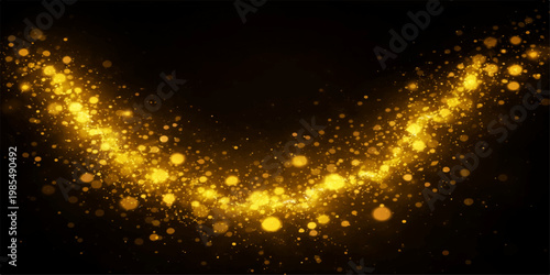 Abstract a mesmerizing cascade of golden glitter gracefully arcs across a black canvas, creating a captivating visual symphony of light and shimmer.